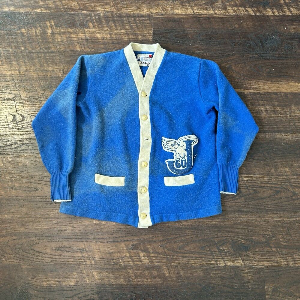 Vintage 50s 60s Varsity Letterman Cardigan Wool Sweater Chenille Patch Named USA